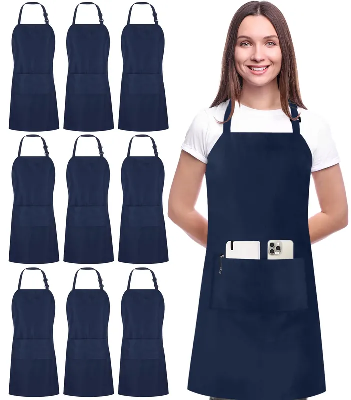 Utopia Kitchen 10 Pack Bib Apron, Unisex Adjustable Aprons with 2 Pockets, Waterdrop Resistant Cooking Kitchen Chef Apron for Men Women, Navy