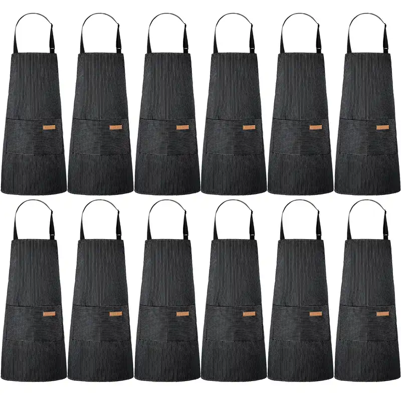 Handepo 12 Pcs Cotton Aprons for Women Men with Pockets Soft Adjustable Bib Stripe Aprons for Cooking Kitchen Chef(Black,Thin Stripes)