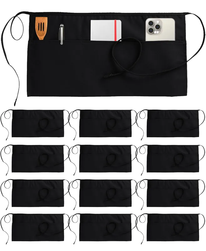 Utopia Wear 12 Pack Server Aprons with 3 Pockets, Waiter and Waitress Waist Aprons for Women with Pockets, Men Short Aprons (Black)