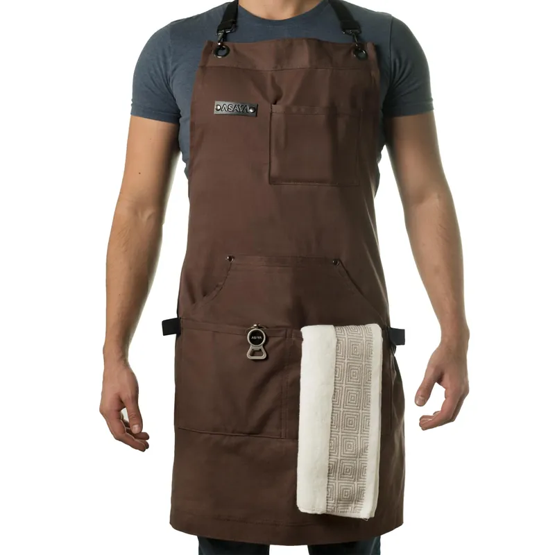 Asaya Chef & BBQ Apron with Pockets - Cross Back Canvas Cooking Apron for Women and Men, Adjustable Work & Grilling Aprons with Pocket, Bottle Opener and Hand Towel, 10oz Cotton Canvas (Brown)