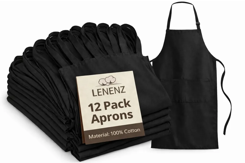 Lenenz Bib Apron (Pack of 12) - Adjustable 100% Cotton Kitchen Apron with 2 Pockets, Durable Black, Unisex for Cooking, Chef, BBQ & Restaurant Use