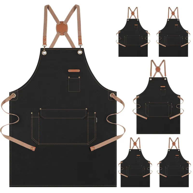 Genixart Chef Apron for Men Women with Pockets, Canvas Aprons for Kitchen Cooking, Artist Painting, Work Apron for Server (Black, 6 Pack)