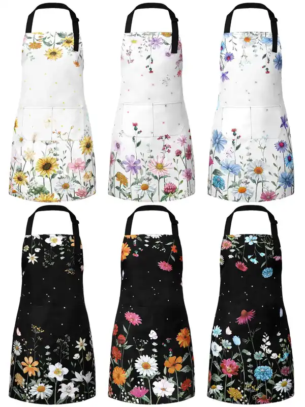 Bencailor 6 Pcs Spring Kitchen Aprons with Pockets Flower Rooster Bee Butterfly Sunflower Summer Aprons Bulk for Women(Bright Color,Flower)
