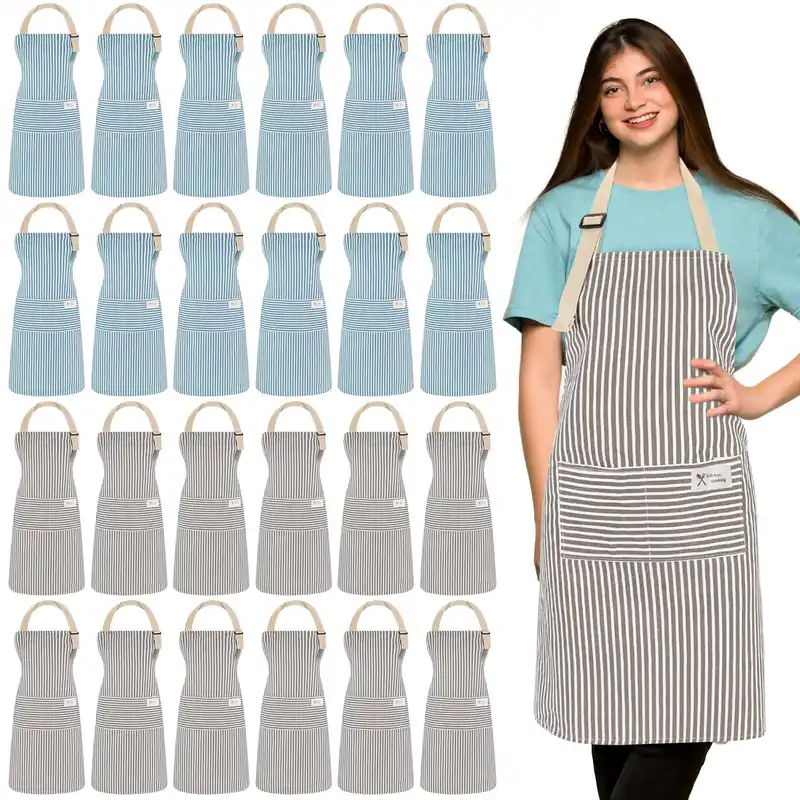 Janmercy 24 Pcs Aprons for Women Men with 2 Pockets Linen Cooking Kitchen Apron Adjustable Bib Chef Apron Bulk Aprons Unisex(Blue, Gray,Thin Stripes)