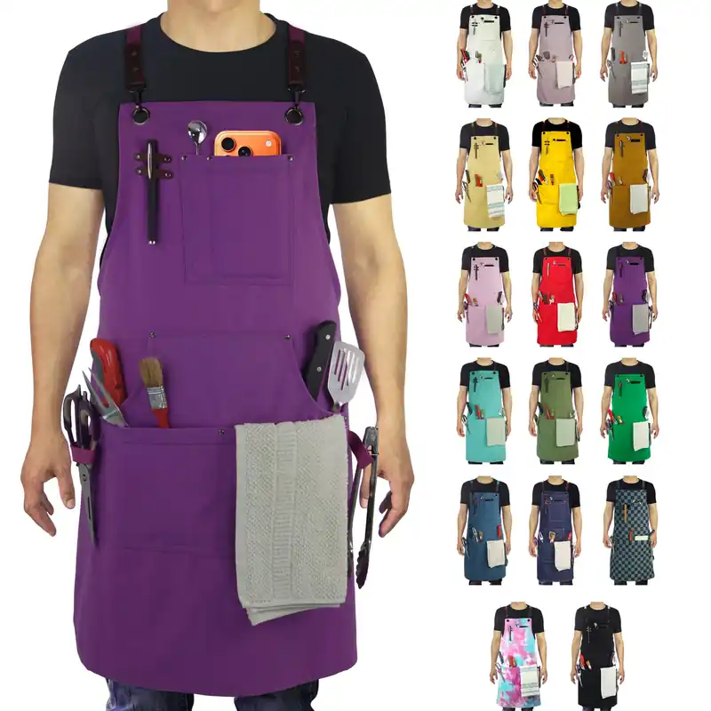 Stenffy Kitchen Apron, Work Apron, Canvas, Multiple Pockets, Gardening, Painting, BBQ, Artist, Carpenter, Sizes M to XXL, Purple