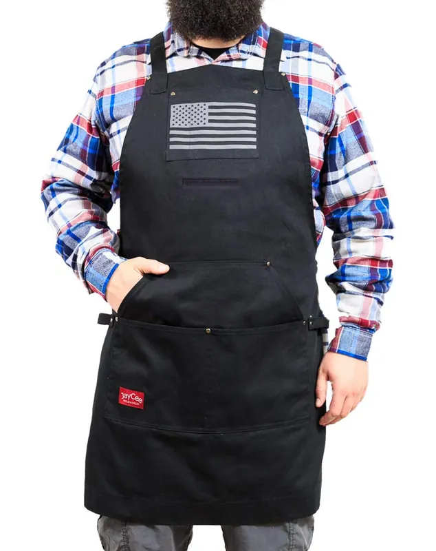 JAYCEE GRILLIN & CHILLIN Perfect Apron for BBQ, Grill, Chef, Hobby and Workshop w/Gray and Black US Flag. 5 Pockets, Cross-Back, Quick-release, 2 Tool Loops. 10 oz. Cotton.. Apron for men and women