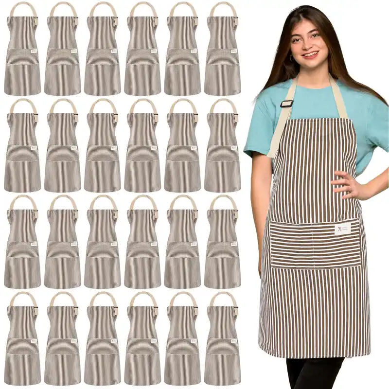 Janmercy 24 Pcs Aprons for Women Men with 2 Pockets Linen Cooking Kitchen Apron Adjustable Bib Chef Apron Bulk Aprons Unisex(Brown,Thin Stripes)