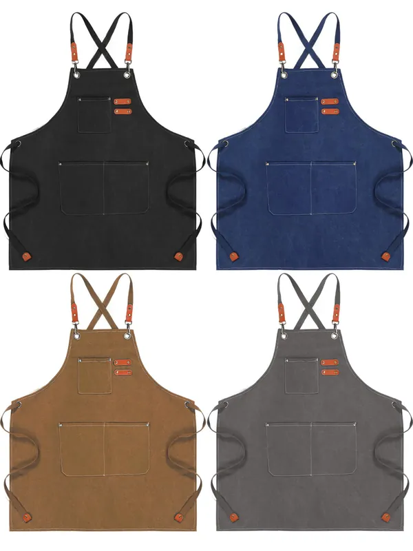 Toulite 4 Pack Canvas Chef Apron for Men with Adjustable Strap Cross Back Cotton Barber Apron with Pocket, 26 x 30‘‘(Gray, Camel, Blue, Black)