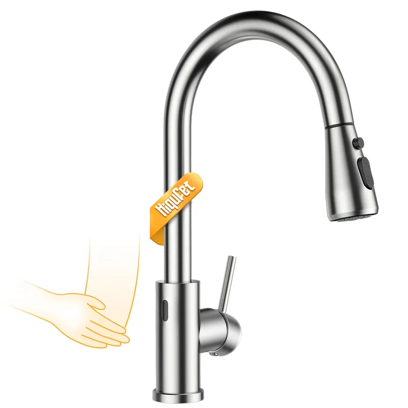 Hiqufet Touchless Kitchen Sink Faucet with Pull Down Sprayer, Stainless Steel Smart Motion Sensor Faucet for Pot Filler, Farmhouse Camper Bar Sink Laundry Room, Brushed Nickel
