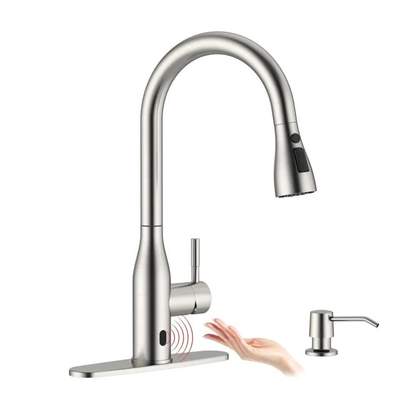 APPASO Touchless Kitchen Faucet with Pull-Down Sprayer, Kitchen Sink Faucet Touchless Brushed Nickel, Single Handle Hands-Free Motion Sensor Faucets Suitable for 1 or 4-Hole Sink, Stainless Steel