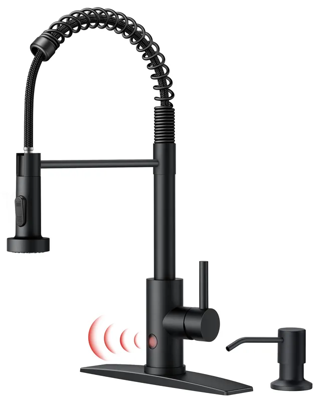 FORIOUS Black Touchless Kitchen Faucet with Soap Dispenser, Motion Sensor Activated Smart Sink Faucet with Pull Down Sprayer Single Handle Hands Free Contemporary for Bar & Prep Sinks, Camper RV