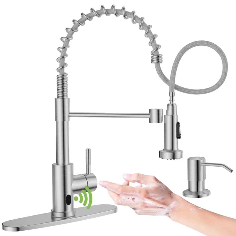 APPASO Touchless Kitchen Faucet, Motion Sensor Activated Hands-Free Smart Automatic Sink Faucet with Pull Down Sprayer Brushed Nickel, Battery-Powered