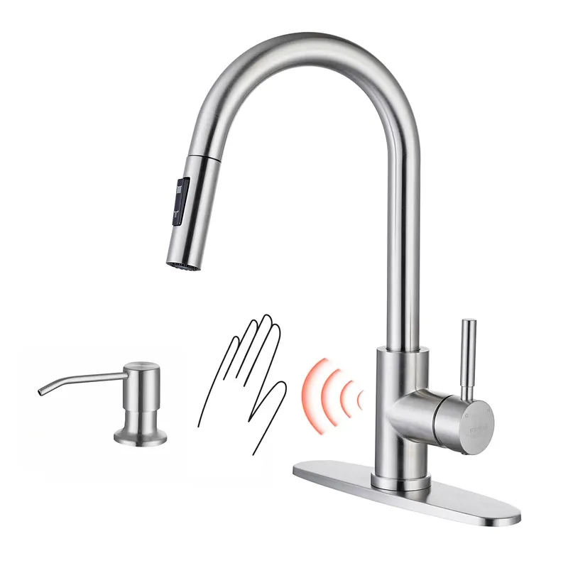 TOYWIA Touchless Kitchen Faucets with Pull Down Sprayer and Soap Dispenser, Brushed Nickel Smart Motion Sensor Stainless Steel Sink Faucet, 1 or 3 Hole Deck Plate Mount for RV, Bar, Outdoor