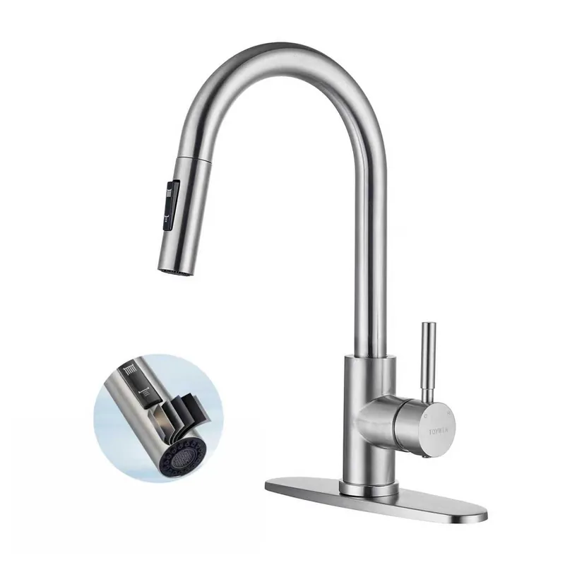 TOYWIA Kitchen Faucets with Pull Down Sprayer, Brushed Nickel Single Handle High Arc Stainless Steel Sink Faucet with Deck Plate, 1 or 3 Hole Deck Mount for RV, Bar, Farmhouse, Laundry, Outdoor