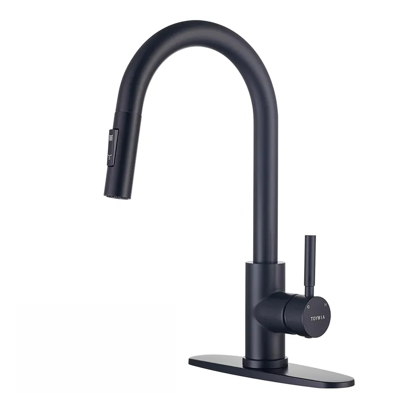 TOYWIA Kitchen Faucets with Pull Down Sprayer, Matte Black Single Handle High Arc Stainless Steel Sink Faucet with Deck Plate, 1 or 3 Hole Deck Mount for RV, Bar, Farmhouse, Laundry, Outdoor