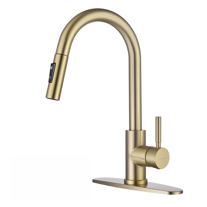 TOYWIA Gold Kitchen Faucets with Pull Down Sprayer, Single Handle High Arc Modern Stainless Steel Sink Faucet with Deck Plate, 1 or 3 Hole Deck Mount for RV, Bar, Farmhouse, Laundry, Outdoor