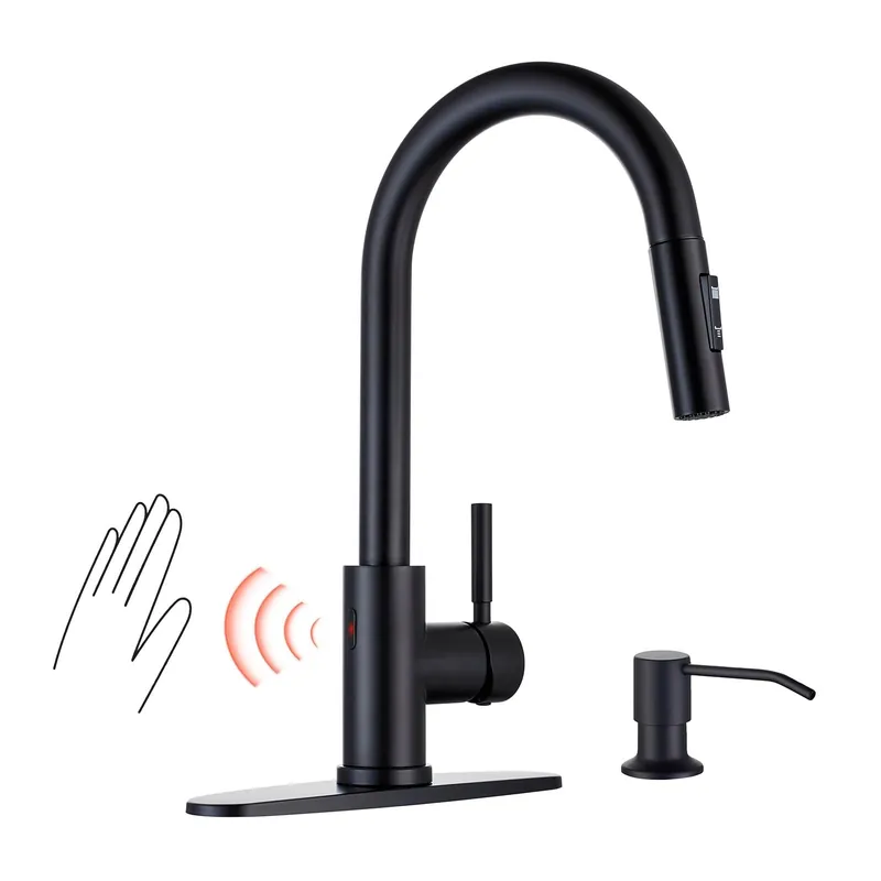 TOYWIA Touchless Kitchen Faucets with Pull Down Sprayer and Soap Dispenser, Matte Black Smart Motion Sensor Stainless Steel Sink Faucet, 1 or 3 Hole Deck Plate Mount for RV, Bar, Outdoor