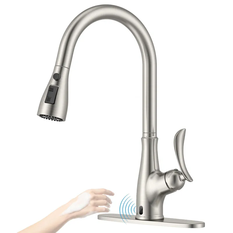 APPASO Touchless Kitchen Faucet with Pull Down Sprayer, Motion Sensor Hands Free Single Handle Kitchen Sink Faucets, Brushed Nickel, 1 or 3 Holes Compatible, 3 Modes Sprayer