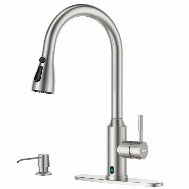 DAYONE Touchless Kitchen Sink Faucet with Soap Dispenser and Pull Down Sprayer, Stainless Steel High Arc Motion Sensor Touch Faucet for Kitchen Sink Smart Hands-Free Single Handle, Brushed Nickel