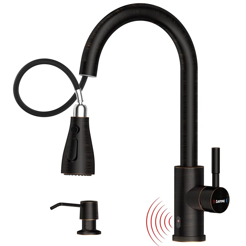 DAYONE Touchless Bronze Kitchen Sink Faucet with Pull Down Sprayer and Soap Dispenser, Oil Rubbed Brown 3 Modes Motion Sensor Hands-Free Single Handle Touch Faucet for Kitchen Sink High Arc