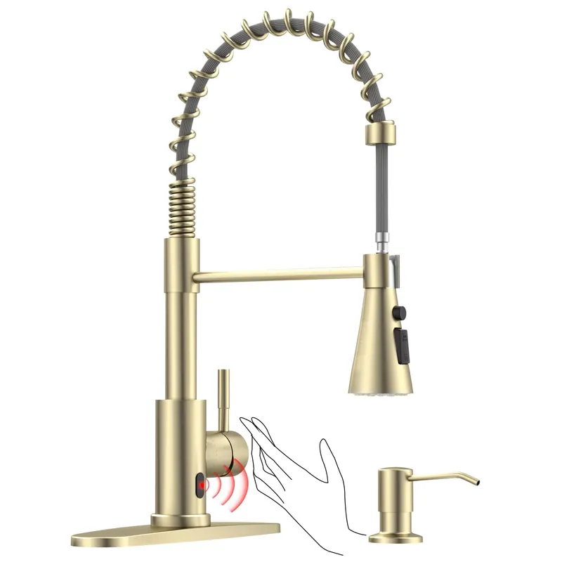 DAYONE Brushed Gold Touchless Kitchen Sink Faucets with Soap Dispenser, Pull Down Smart Hands-Free Spring Faucet for Kitchen Sink Motion Sensor Touch Faucet High Arc
