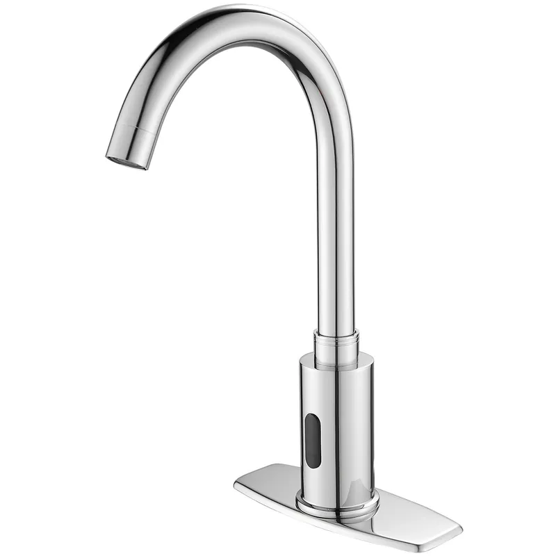 Automatic Touchless Bathroom Sink Faucet Motion Sensor Commercial Kitchen Hands Free Faucet with Hole Cover Plate,AC/DC Powered, Public Sink Faucet,Chrome (Chrome High)