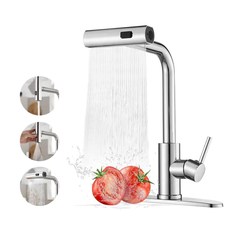 Kitchen Faucets with Pull Down Sprayer,Waterfall Kitchen Sink Faucet,Commercial Utility Stainless Steel Kitchen Faucets,Single Handle Kitchen Sink Faucet with Pull Down Sprayer for 3 Function