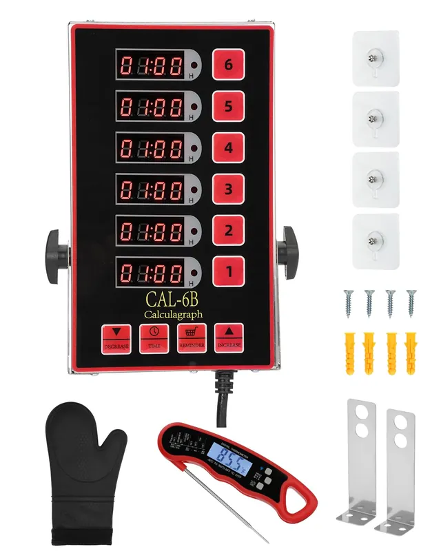 Commercial Kitchen Timer for Cooking, 6 Channel Timer Restaurant Kitchen Supplies, Heavy-Duty Timer - Stainless Steel Digital LED Technology Reminder Function Loud Alarm