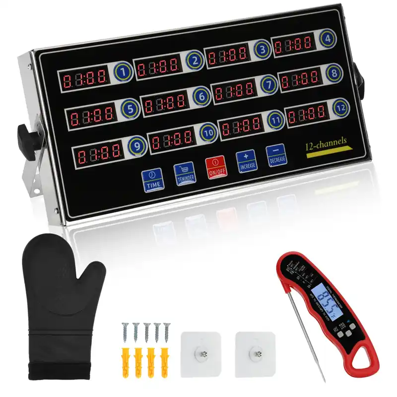 Commercial Kitchen Timers for Cooking, 12-Channel Timer for Commercial Kitchens, Heavy-Duty Loud Alarm Timer for Restaurants, Stainless Steel, LED Technology