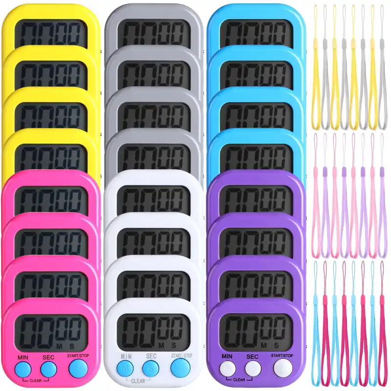 Leumoi 24 Packs Small Digital Kitchen Timer with lanyards Magnetic Back and Switch Minute Second Count up Countdown Big LCD Display Loud Alarm for Teacher Cooking Baking, Colorful