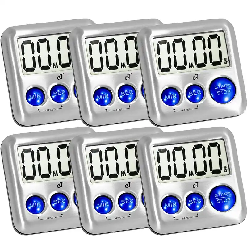 Elegant Digital Kitchen Timer Stainless Steel - Strong Magnetic Back - Kickstand - Loud Alarm - Large Display - Auto Memory - Auto Shut-Off - Model eT-24 (Plumberry 6-Pack) by eTradewinds
