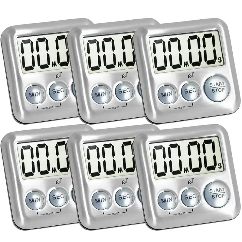 Elegant Digital Kitchen Timer Stainless Steel - Silver - Strong Magnetic Back - Kickstand - Loud Alarm - Large Display - Auto Memory - Auto Shut-Off - Model eT-26 (Silver 6-Pack) by eTradewinds