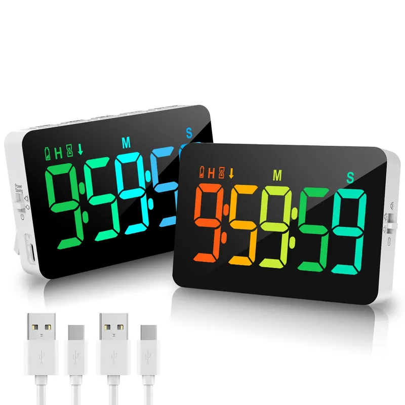 (2 Packs) Rechargeable Timers,Digital Kitchen Timer with 10 Dynamic RGB Color, Magnetic Classroom Timer with Countdown/up with 5”LED Display 3 Brightness 4 Volume Adjustable