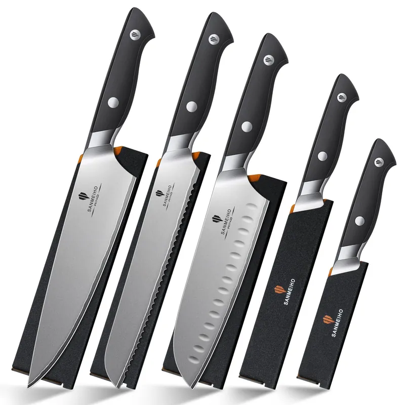 SANMEIHO 10 PCS Knife Set with Knife Sheath, Japanese Kitchen Knife Set with 5 Layers High Carbon 9Cr18Mov Stainless Steel, Sharp Professional Chef Cooking Knife with Ergonomic Handle, Dishwasher Safe