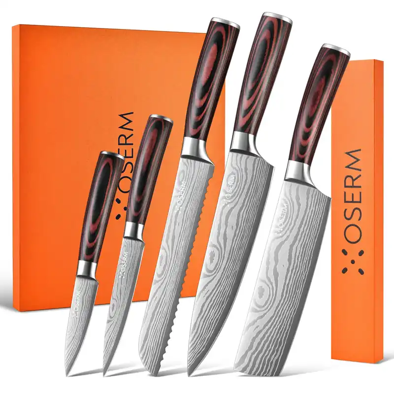 OSERM Knife Set Gift-Ready 6-Piece (5+1) Japanese Style Kitchen Knife Set — Burgundy Gift Box with An Additional 8" Chef Knife — Ideal Christmas, Wedding & Household Gift