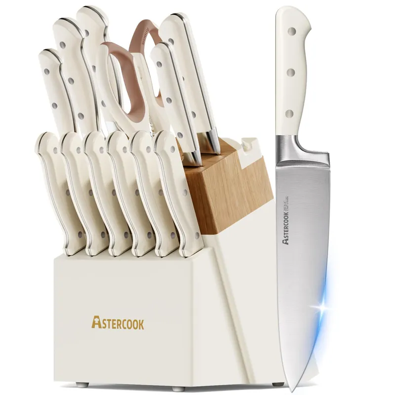 Knife Set,Astercook Kitchen Knife Set with Block 14-Piece Full Tang Stainless Steel Knives with Sharpener Dishwasher Safe and Anti-Slip Ergonomic Handle Utensils Set