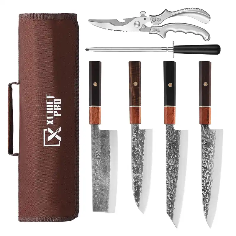 XCHIEF PRO Japan Knife Set, High Carbon Steel Japan Nakiri Santoku Knife Set, Hand Forged Meat Cleaver Butcher Knife with Accessories for Kitchen, Camping BBQ Knives Set with Bag