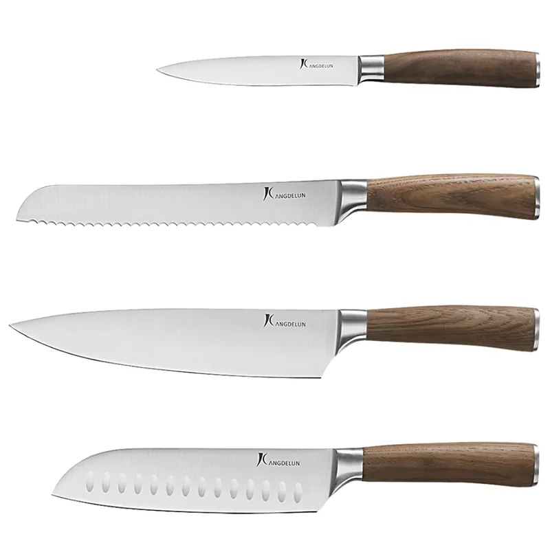 kangdelun Ultra Sharp 4-Piece Chef Knife Set, 50Cr15MoV High-Carbon Stainless Steel, Torrefied Brown Ash Wood Handles, Magnetic Gift Box
