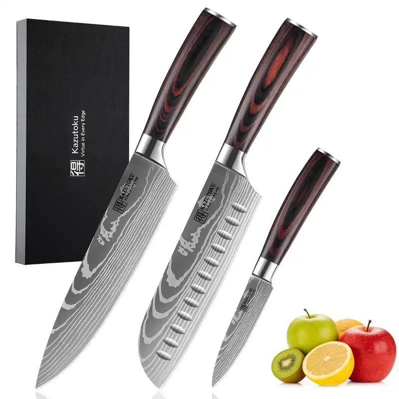 Kazutoku 3 Piece Kitchen Knife Set, High Carbon Stainless Steel Professional Chef Knife Set with Ultra Sharp Blade, Sharp Knives Set with Ergonomic Pakkawood Handle