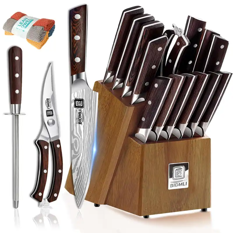 17-Pack kitchen knife set, wooden blocks,sharp high carbon stainless steel blades,hardwood handles,Sharpener,chicken bone clipper,microfiber towels,gift packaging,for families, restaurants, chefs.