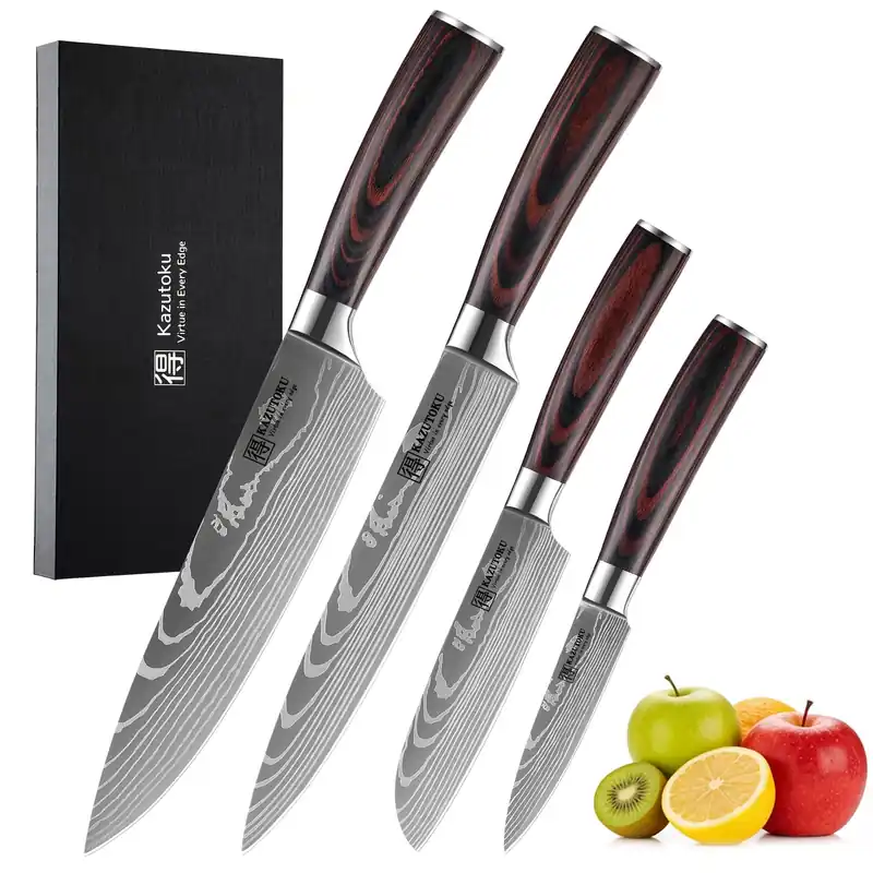 Kazutoku 4 Piece Kitchen Knife Set, High Carbon Stainless Steel Professional Chef Knife Set with Ultra Sharp Blade, Sharp Knives Set with Ergonomic Pakkawood Handle