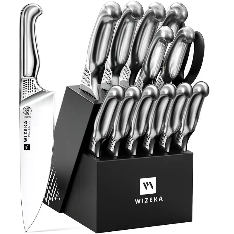 WIZEKA Kitchen Knife Set with Block 15PCS German Stainless Steel Knife Block Set,One-Piece Design Knives Set for Kitchen, Professional Knife Set with Built-in Sharpener,Starry Sky Series Mothers Day