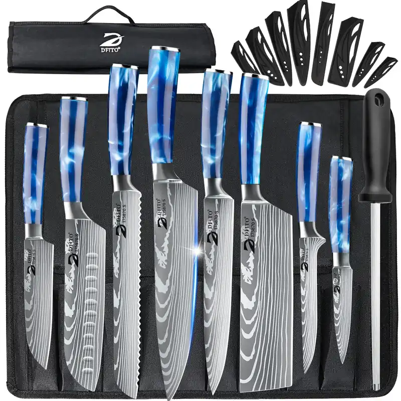 Dfito Chef Knife Sets with Roll Bag, 9 Pieces Professional Knife Set, High Carbon Stainless Steel Kitchen Chef Knife Set, Blue Resin Handle, Dishwasher Safe