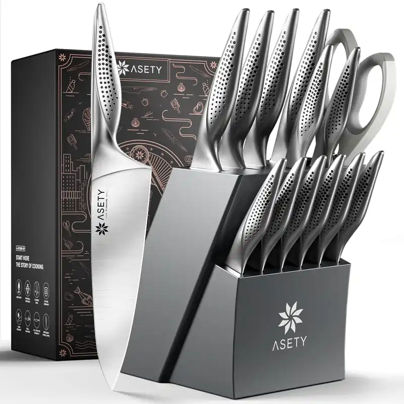 ASETY Knife Set - Ultra Sharp Knives Set for Kitchen with block, 15 PCS Stainless Steel Knife Set with Built-in Sharpener, Ergonomic Non-Slip Handle, Elegant Box for Men Women, Fathers day
