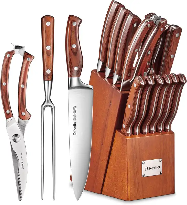 Kitchen Knife Set, 16 Pcs Stainless Steel Kitchen Knife Set with Sharpener & Wooden Block, Knife Block Set with Wood Handle, Chef, Santoku, Bread, Utility, Paring & Carving Fork Knife, Brown