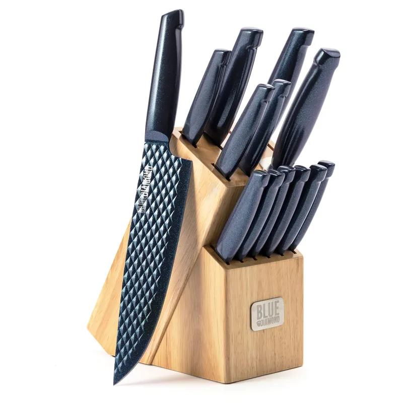Blue Diamond Sharp Stone 14 Piece Knife Block Set, PFAS-Free Nonstick Diamond Textured Stainless Steel Blades, Rust Resistant Kitchen Cutlery, Chef & Steak Knives, Dishwasher Safe, Navy
