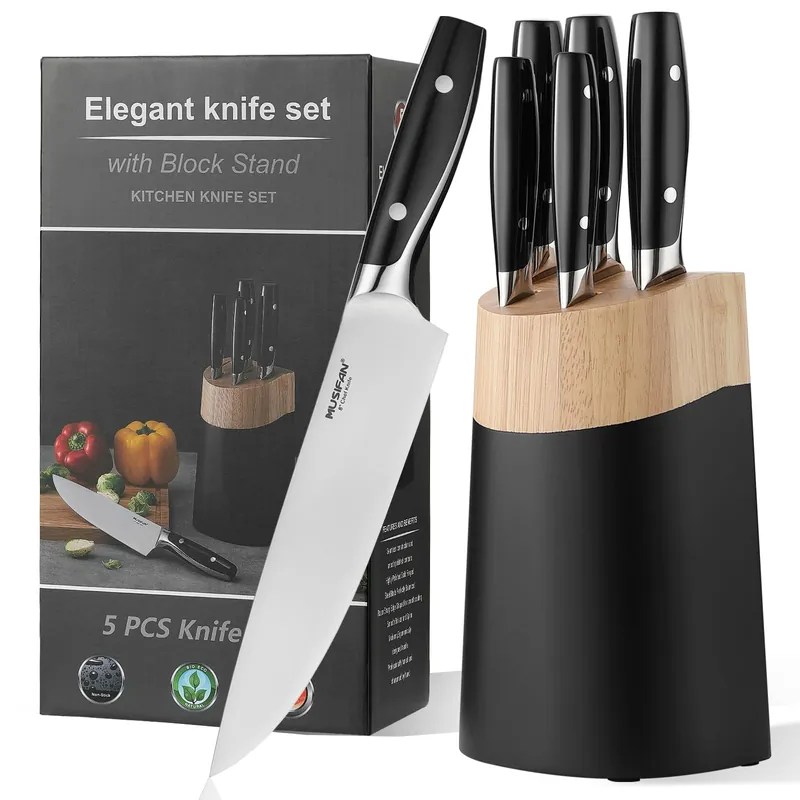 6-Piece Knife Block Sets,Stainless Steel Kitchen Knife Set with Block – High Carbon Black Knives, Dishwasher Safe,Holiday Gift
