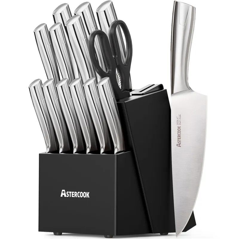 Astercook Knife Set, Kitchen Knives Set with Block and Sharpener Full Tang 15 Pcs Premium Stainless Steel Knives, Dishwasher Safe Knife Set with Anti-slip Ergonomic Handle, Black, Mothers Day Gifts