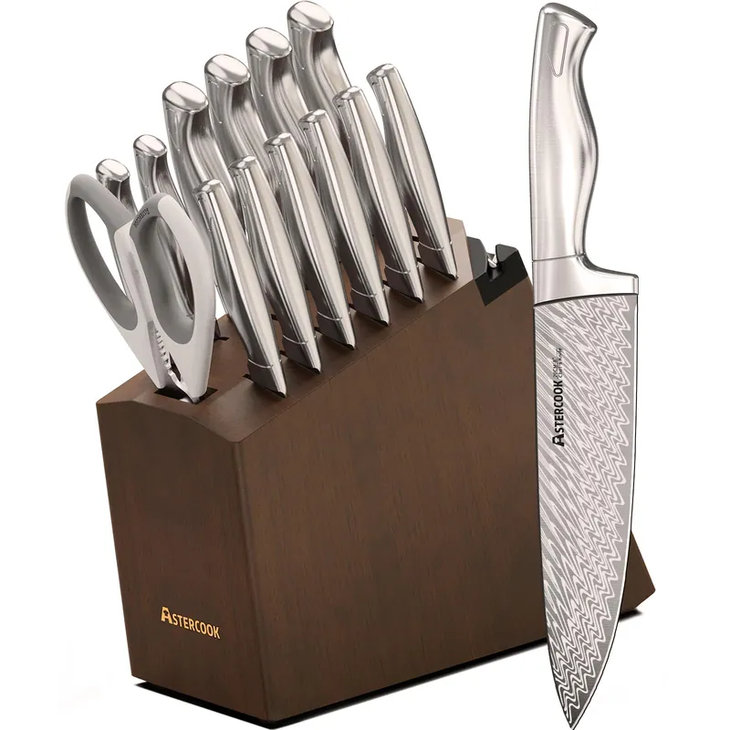 Astercook Knife Set, 15-Piece Kitchen Knife Sets with Built-in Sharpener Block, German High Carbon Stainless Steel Knives, Dishwasher Safe, Ergonomic Full-Tang Handle, Perfect Holiday Gifts