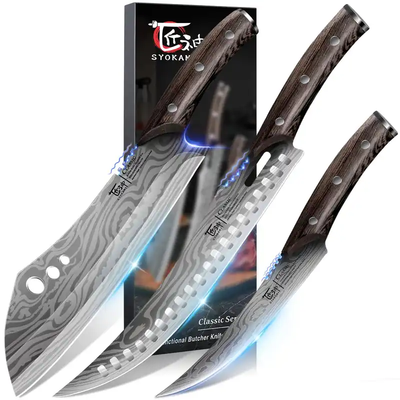 SYOKAMI Butcher Knife Set, 3 PCS Kitchen Knives Set for Cutting, Meat Cleaver Chef Knife Set, Japanese Style High Carbon Steel Knives Set, Chopping & Slicing & Boning for Home and BBQ, Ideal for Gift